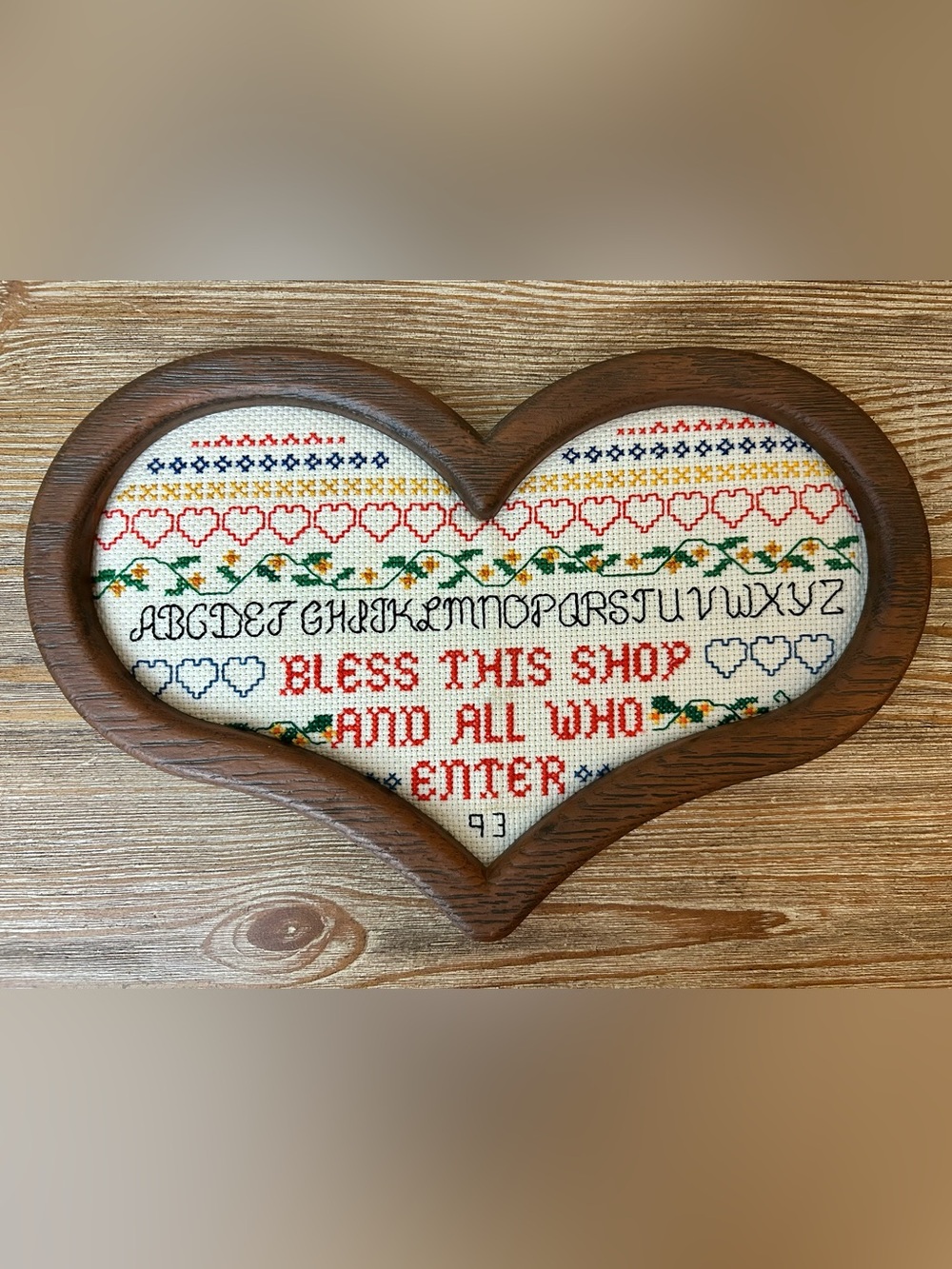 Vintage 90s - Bless This Shop and All Who Enter - Cross Stitch Heart Wood Frame